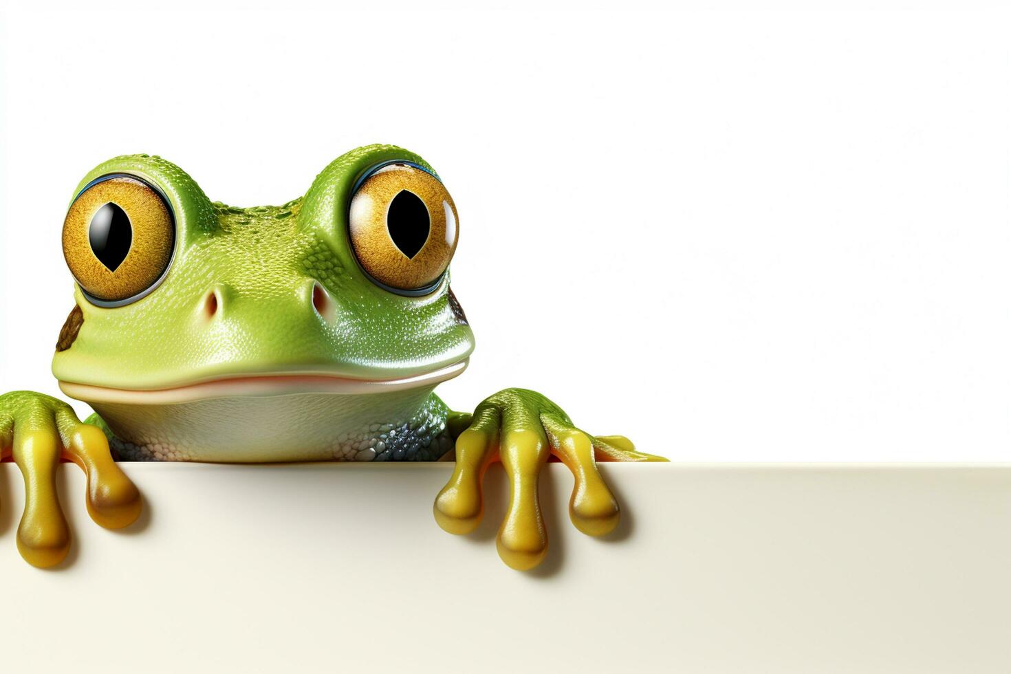 3d rendered illustration of a green frog with a blank sign board Ai Generated photo