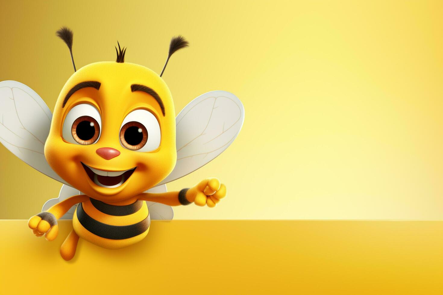 3d illustration of cute bee cartoon character with flower on yellow background Ai Generated photo