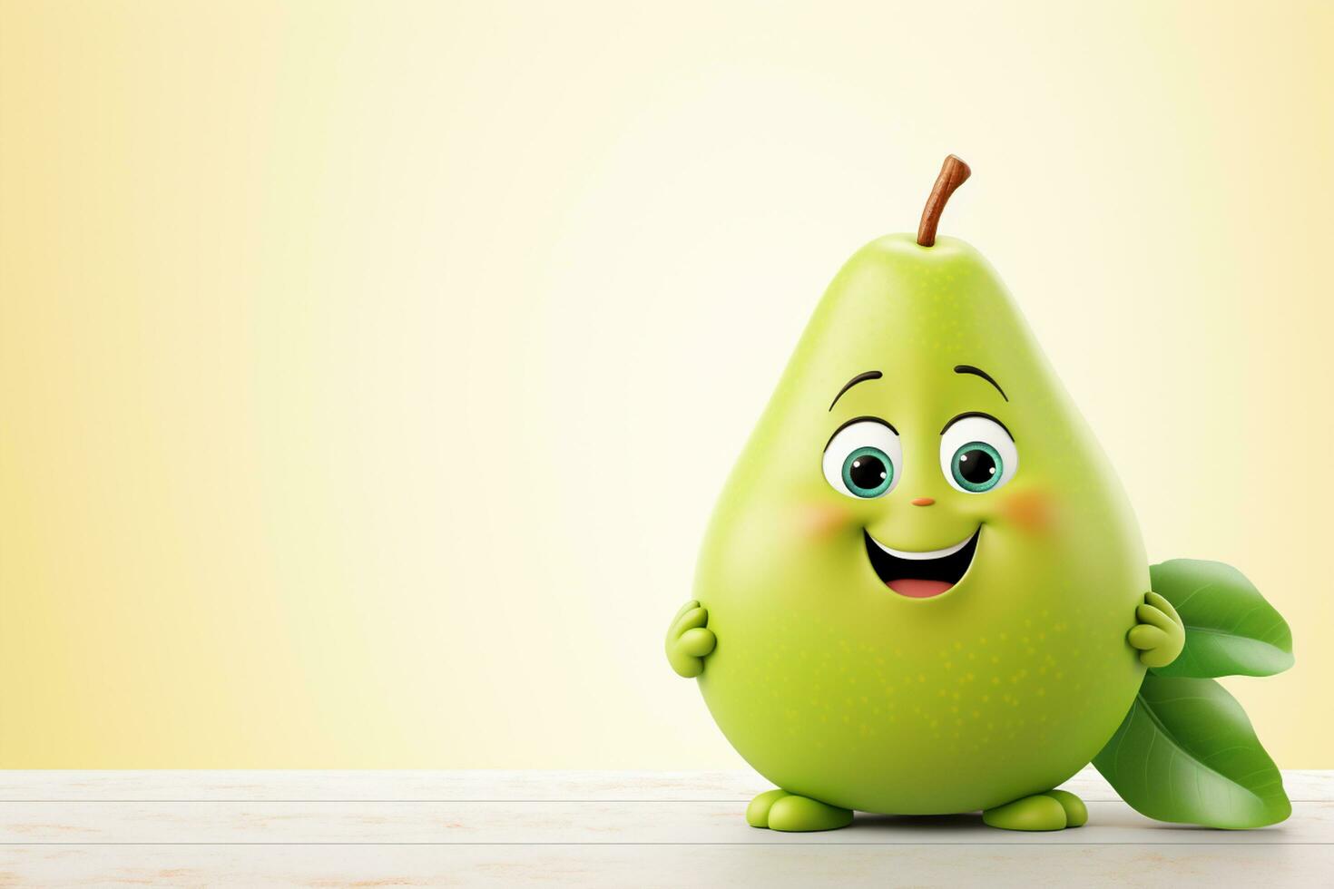 Funny green pear character with smiley face on wooden table and green background Ai Generated photo