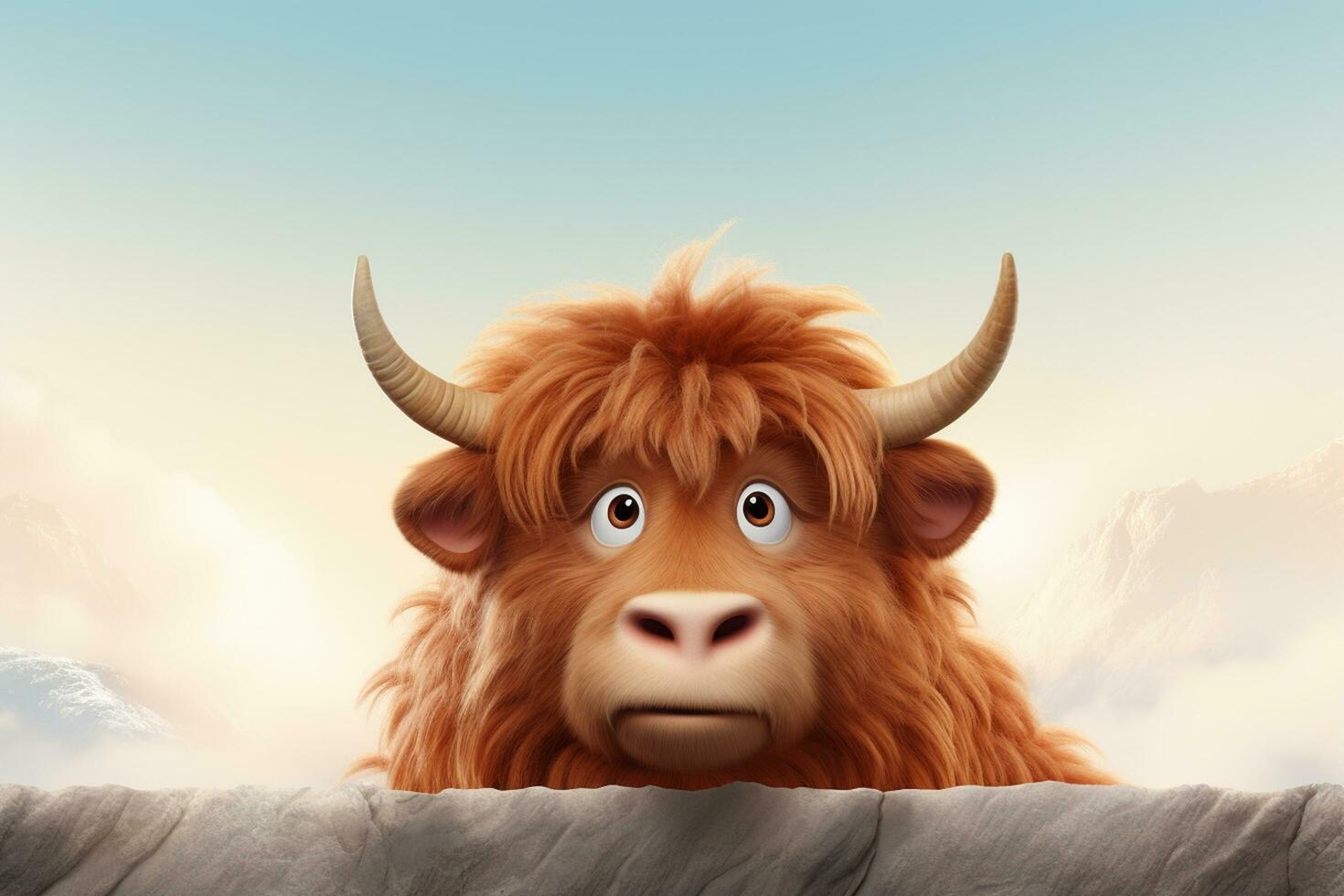 Funny face of a red cow with big horns and big eyes Ai Generated photo