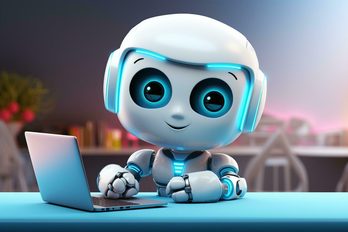 Cute Robot working on a laptop. 3d render. Technology concept. Ai Generated photo