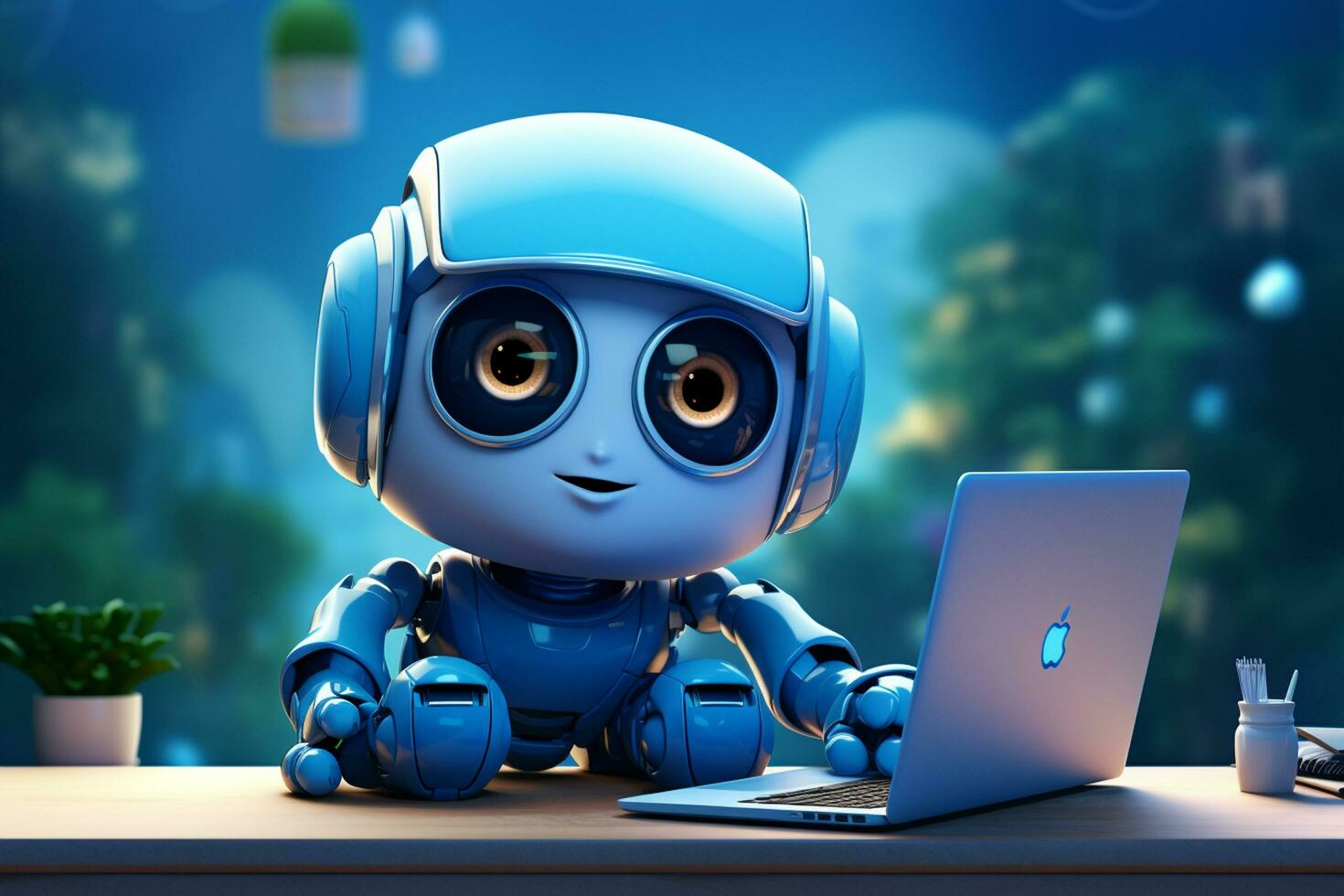 Cute Robot working on a laptop. 3d render. Technology concept. Ai Generated photo