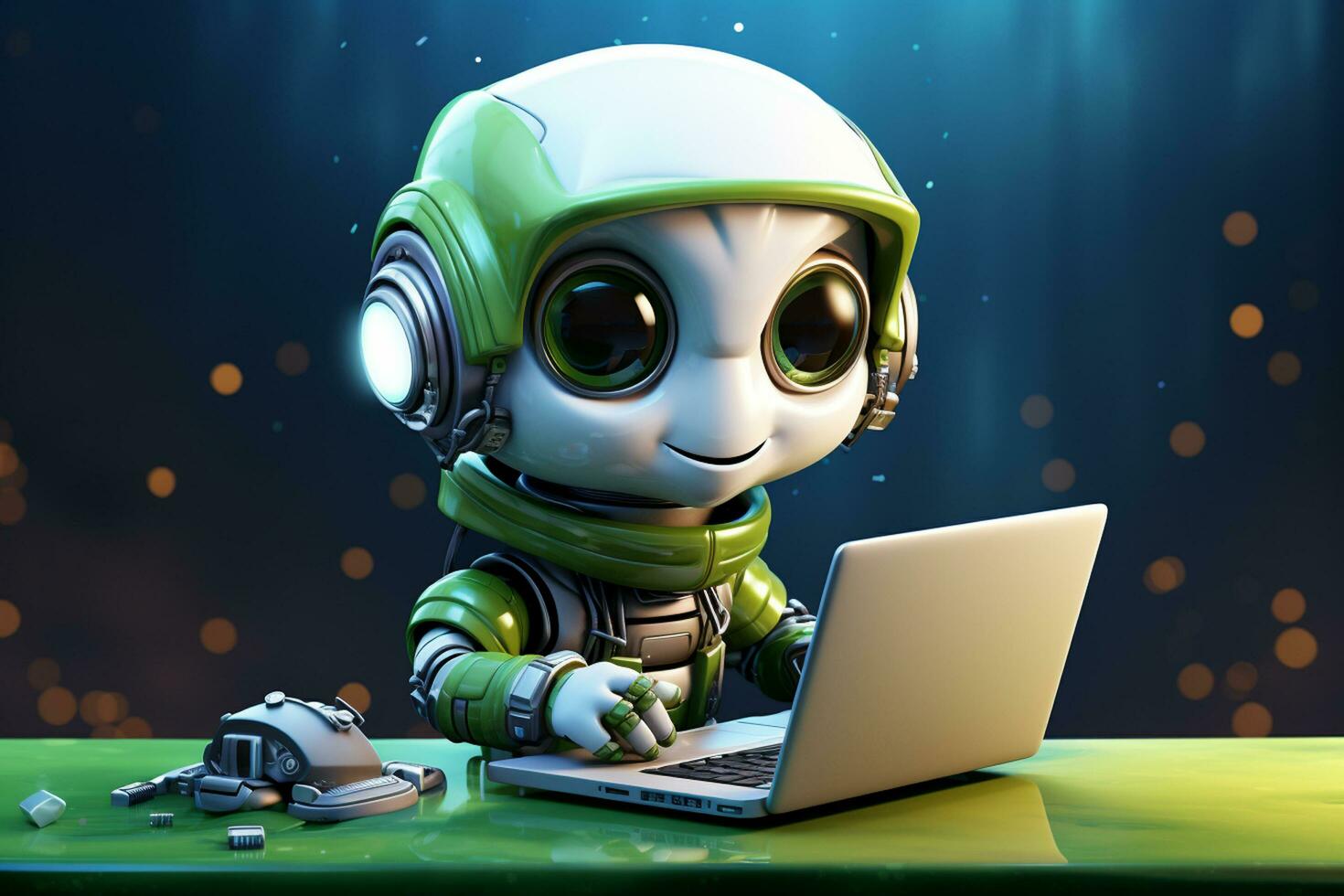 Cute Robot working on a laptop. 3d render. Technology concept. Ai Generated photo