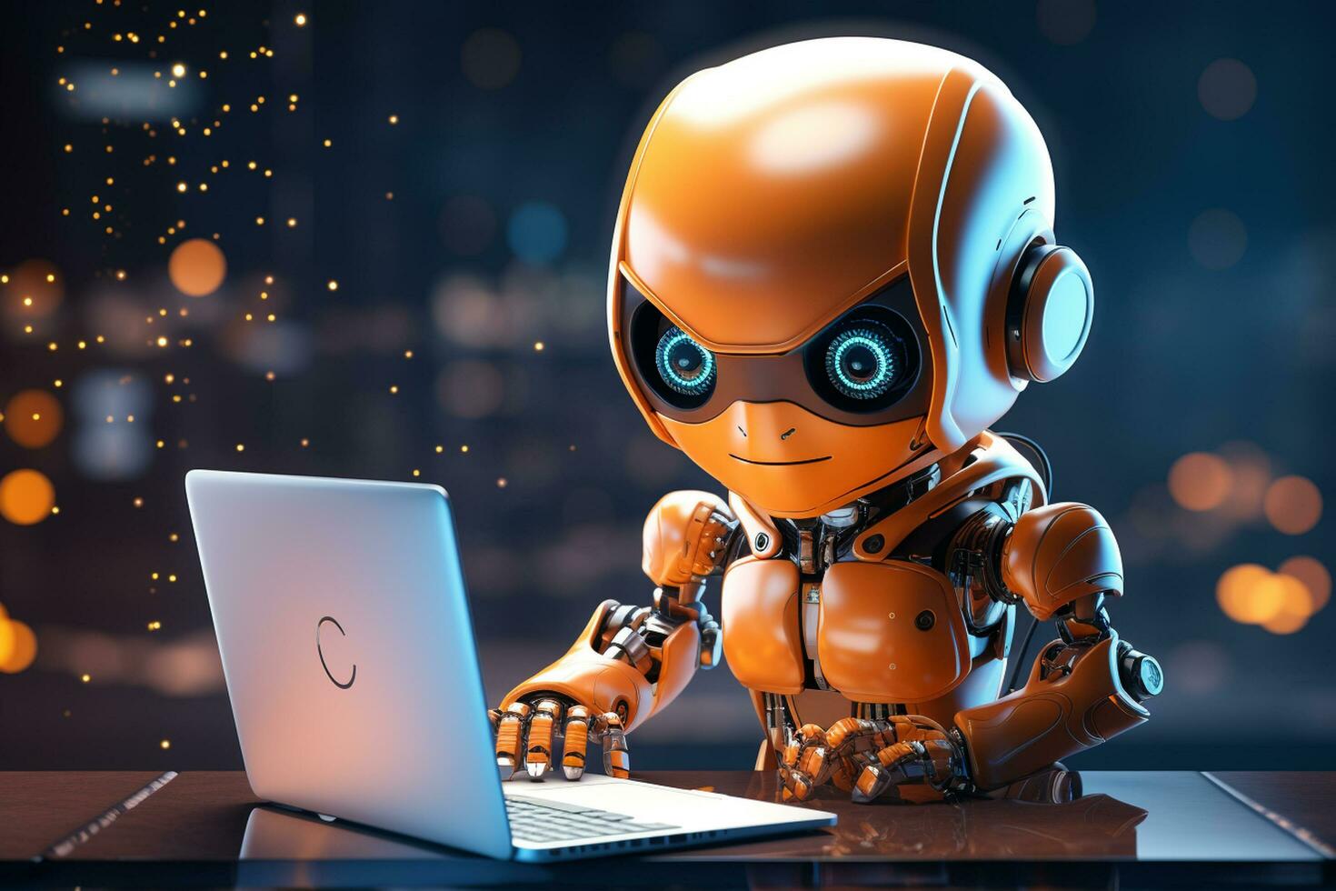 Cute Robot working on a laptop. 3d render. Technology concept. Ai Generated photo