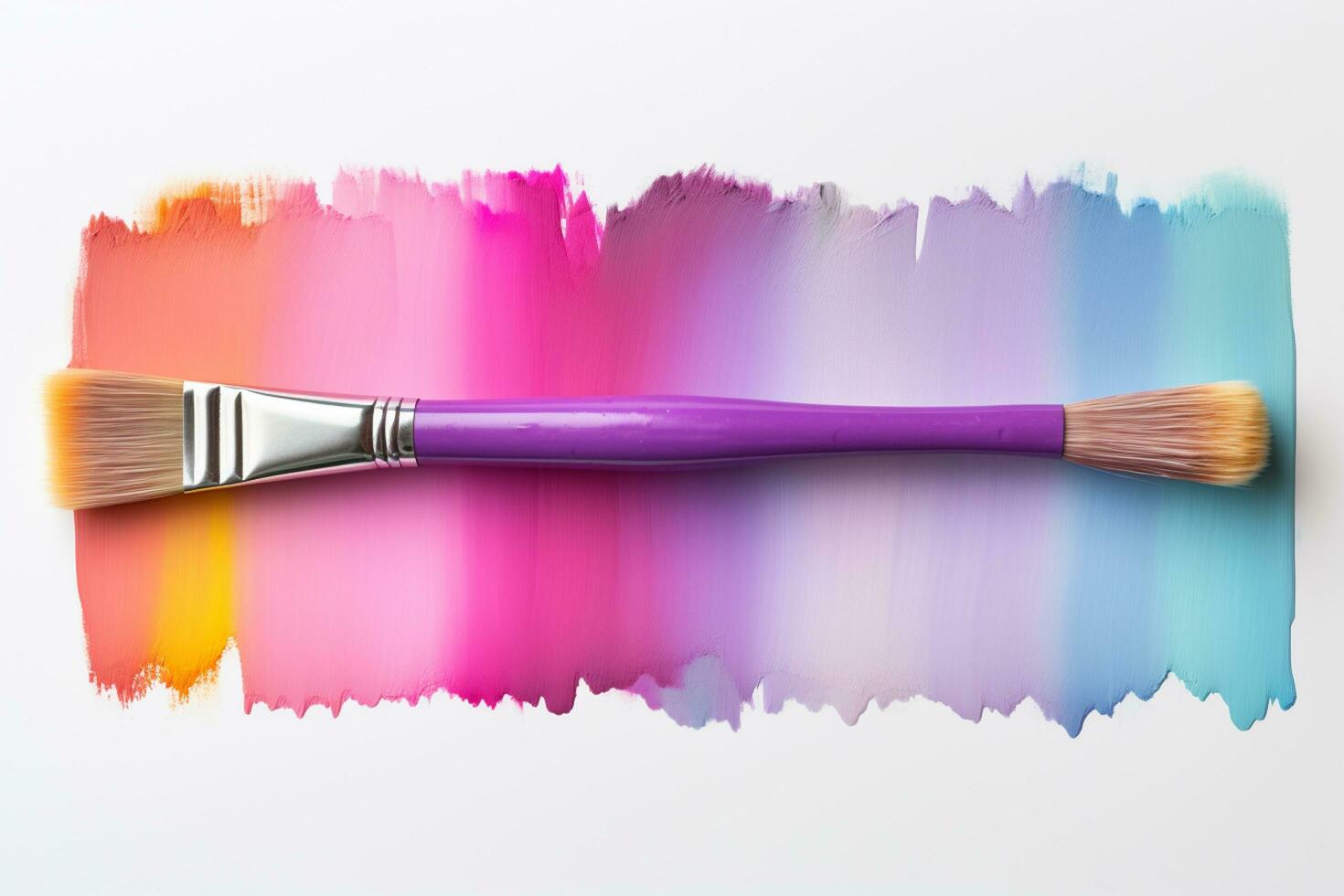 paint brush on a white background with a rainbow of acrylic paint Ai Generated photo