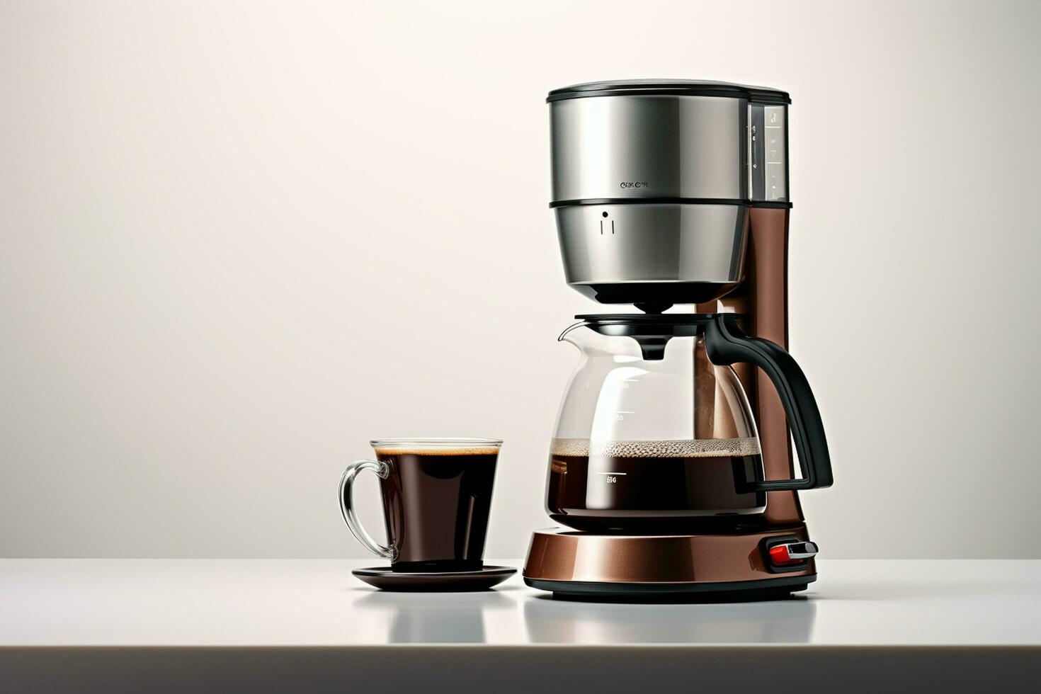 Coffee maker and two cups of coffee on a white table Ai Generated photo