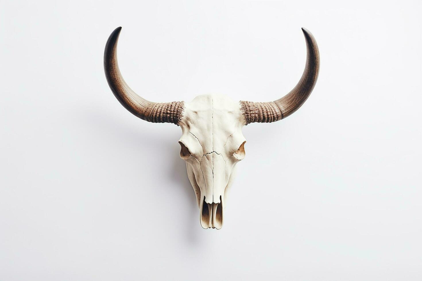 cráneo de un toro con cuernos en un blanco antecedentes. el ver desde el parte superior ai generado foto