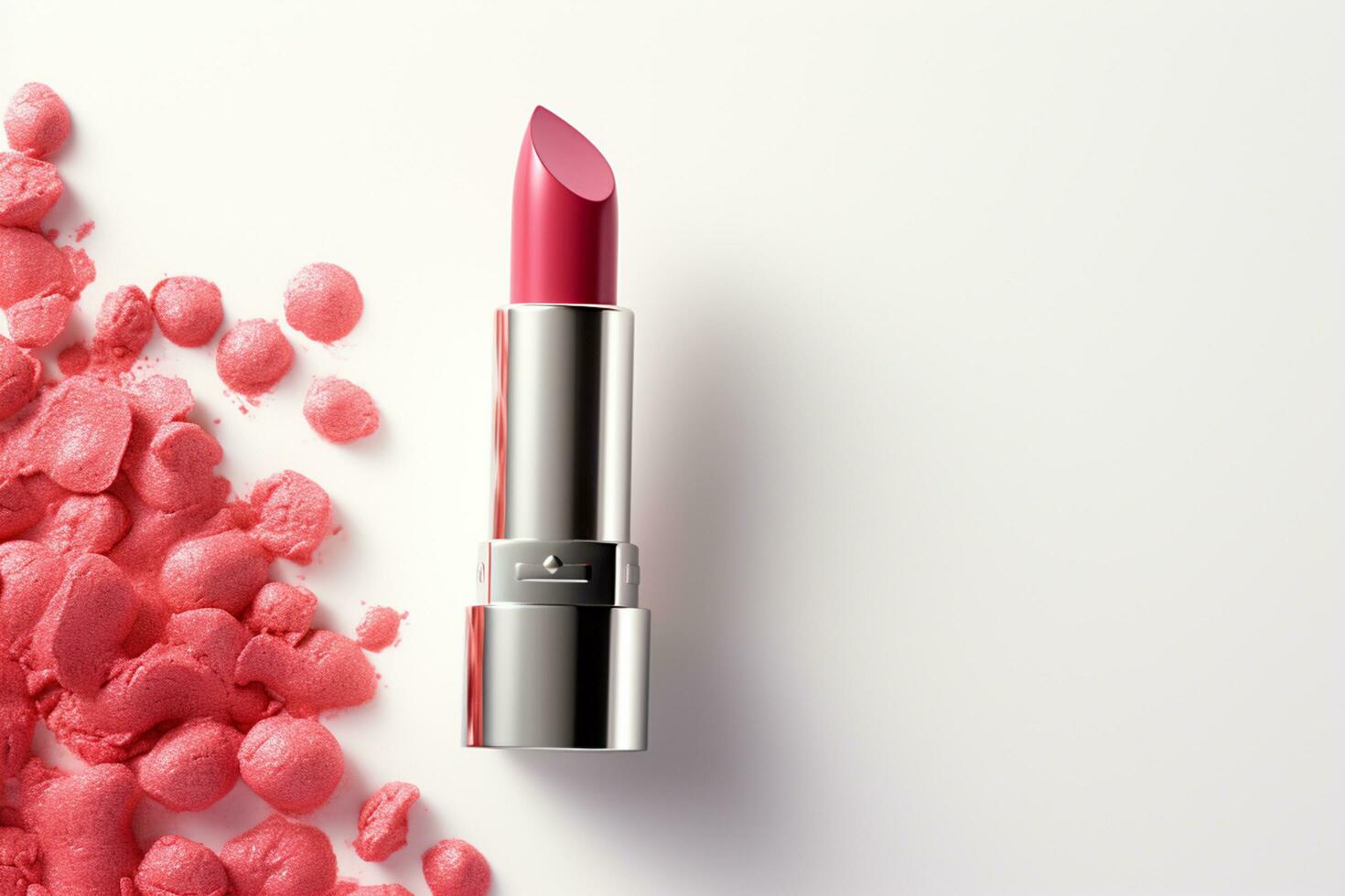 Lipstick on a white background with pink powder. 3d rendering Ai Generated photo