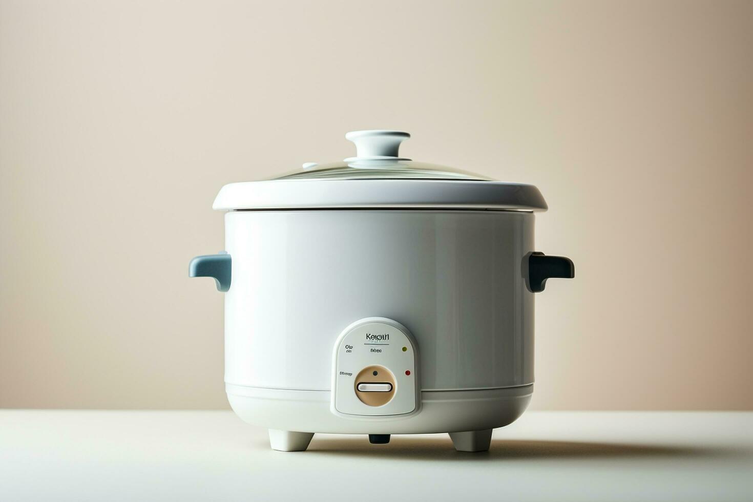 White rice cooker on the white table and beige background, stock photo Ai Generated