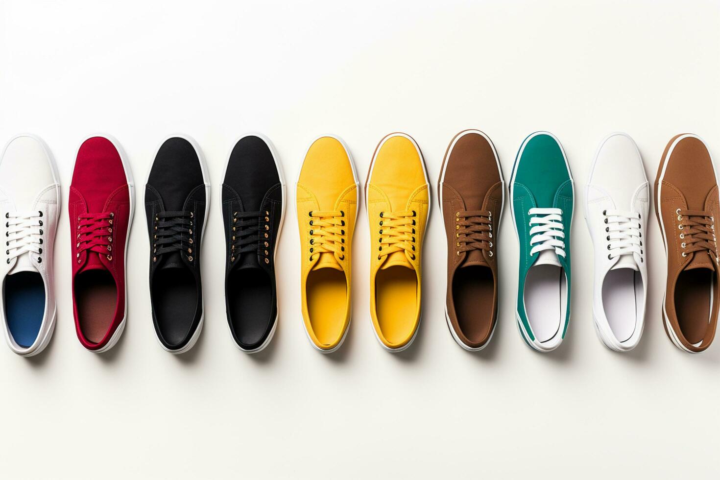 top view of multicolored sneakers arranged in row isolated on white Ai Generated photo