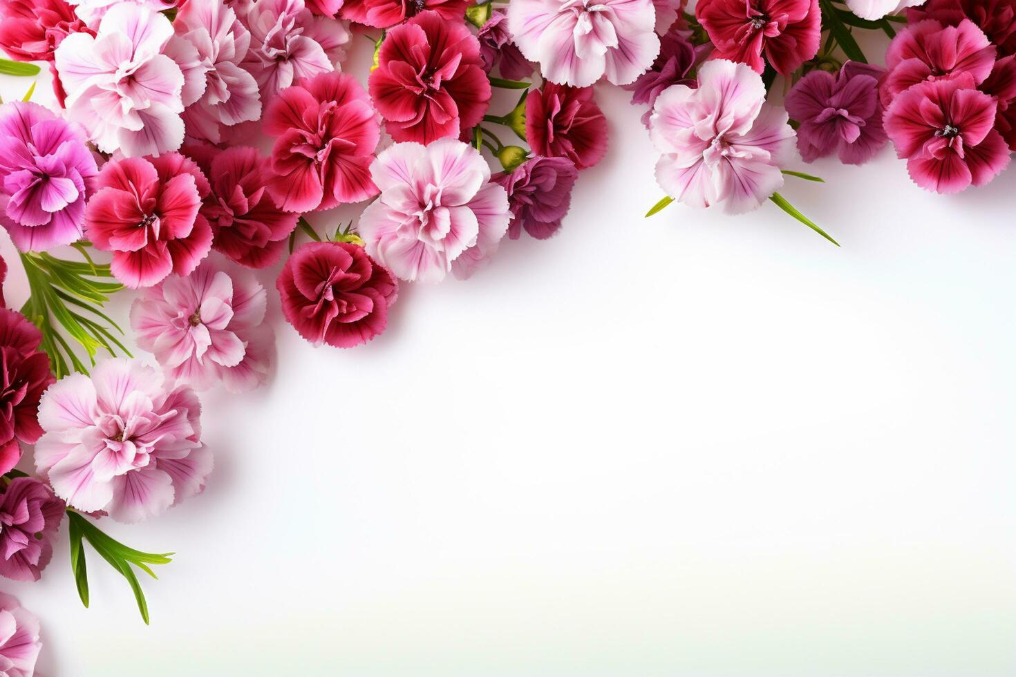 Pink and purple carnation flowers border on white background with copy space Ai Generated photo