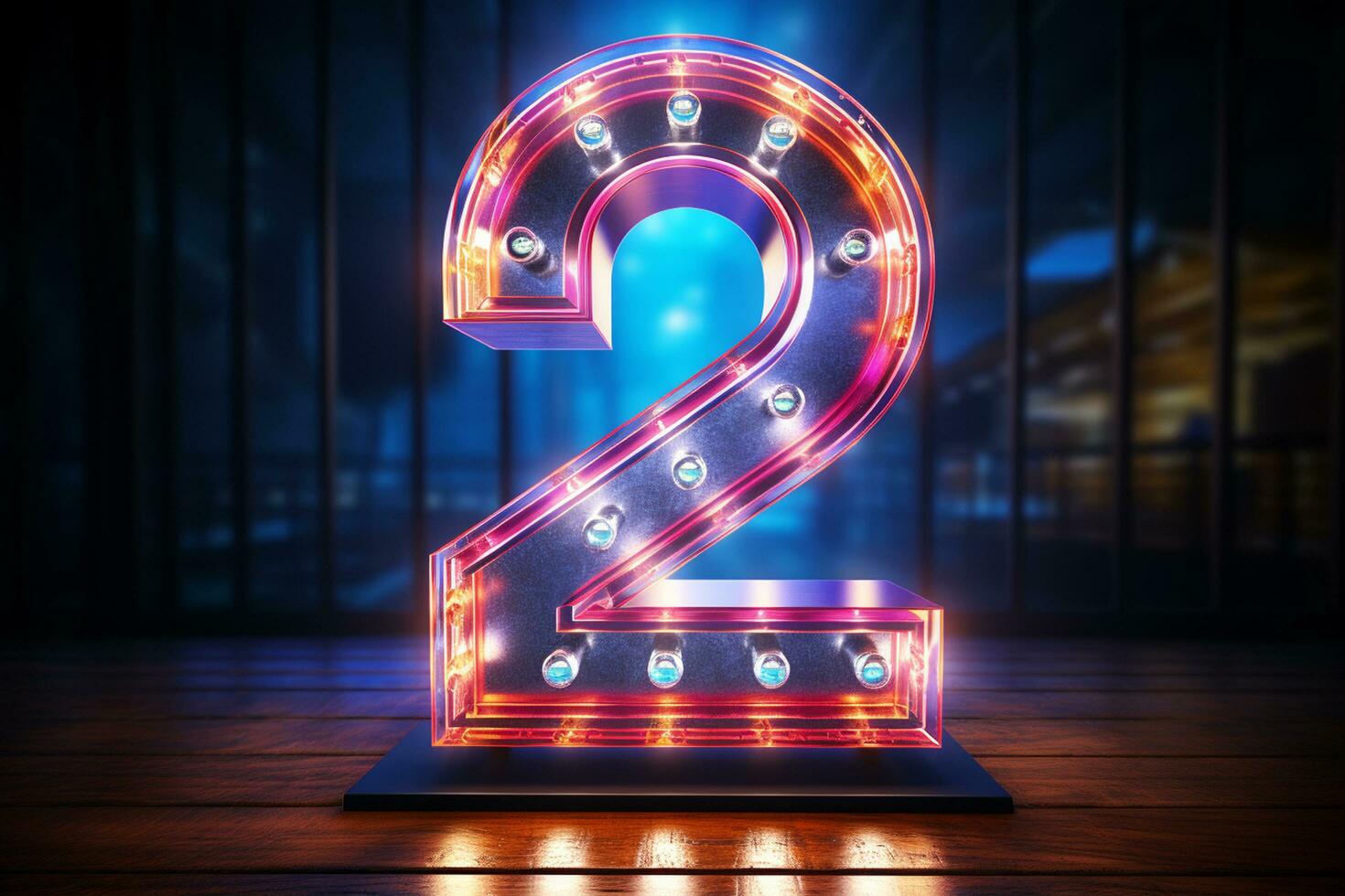 3d rendering of a neon number 2 on a dark background. Ai Generated photo