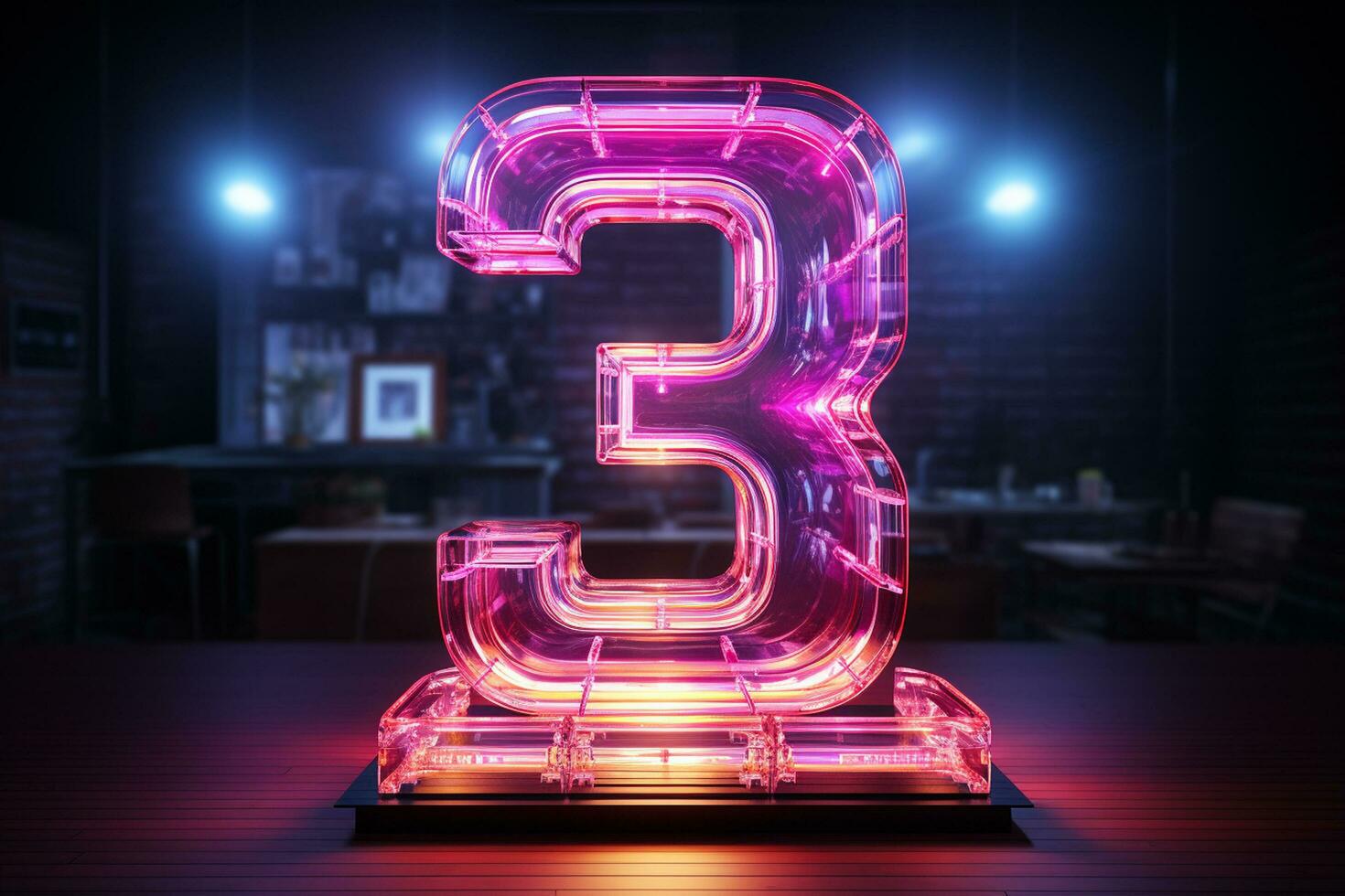 3d rendering of a neon number 3 on a dark background. Ai Generated photo