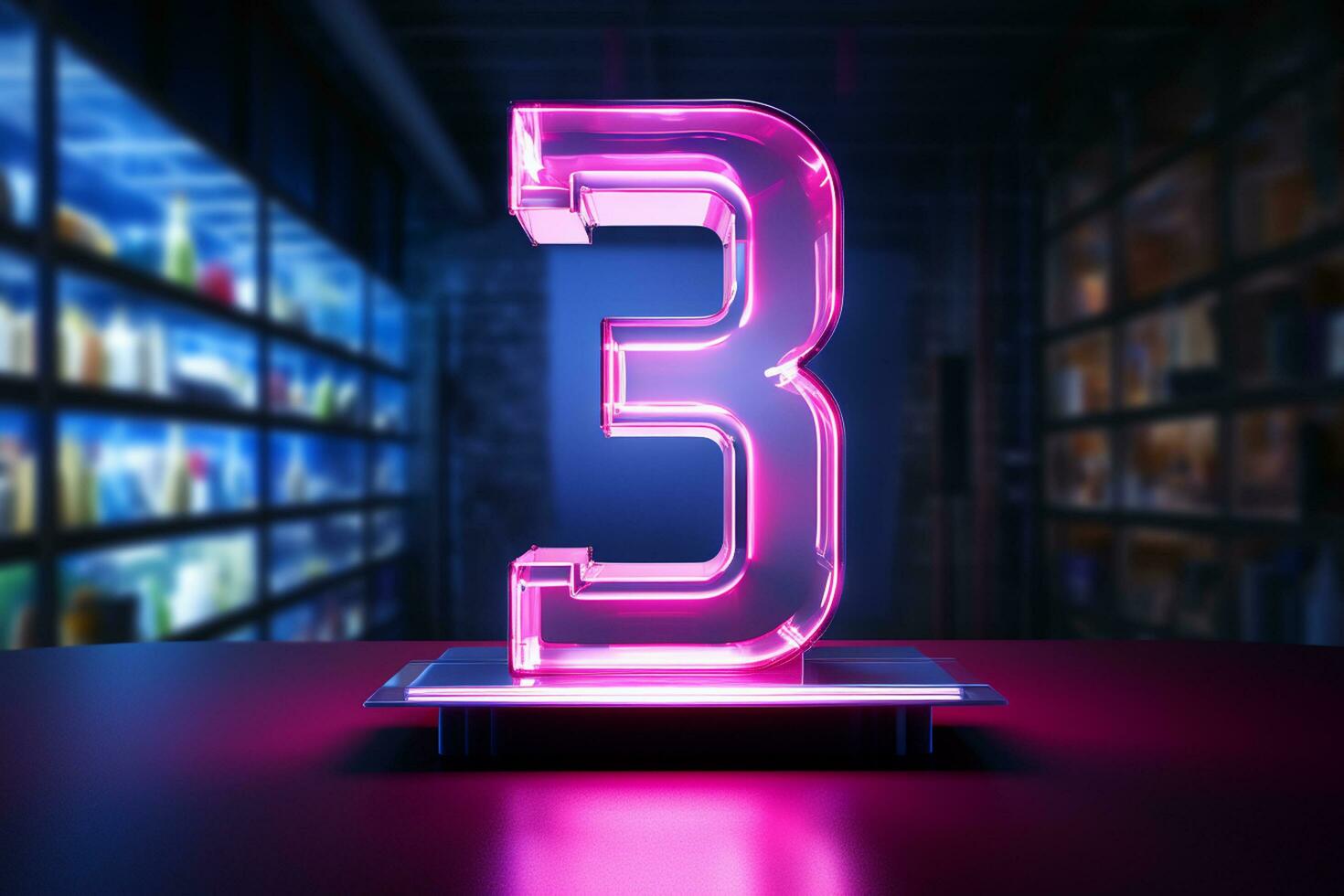 3d rendering of a neon number 3 on a dark background. Ai Generated photo