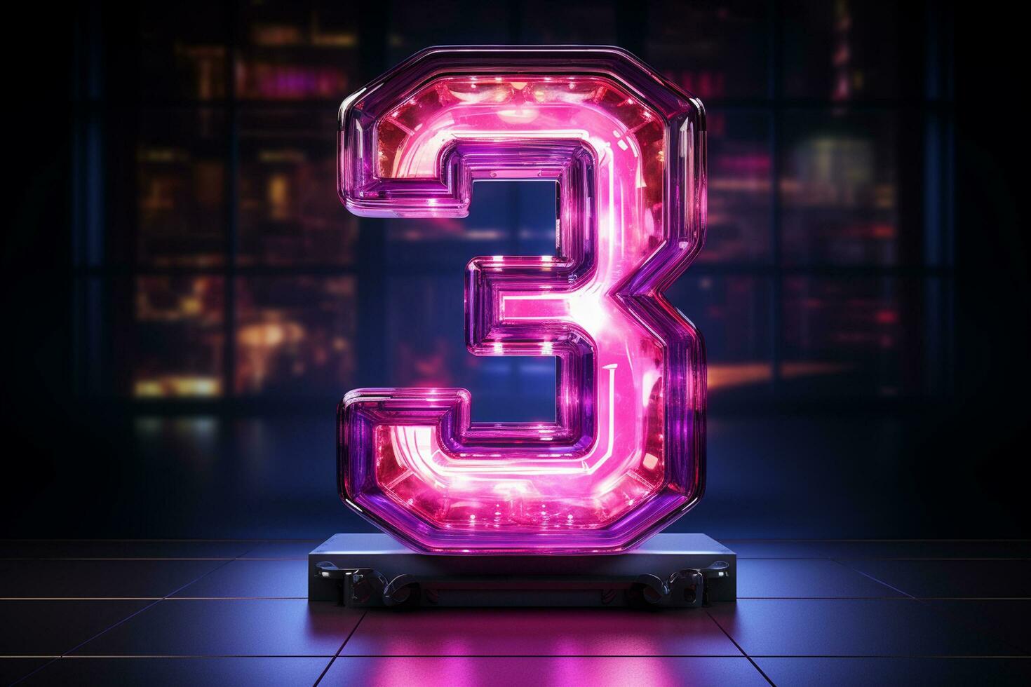 3d rendering of a neon number 3 on a dark background. Ai Generated photo