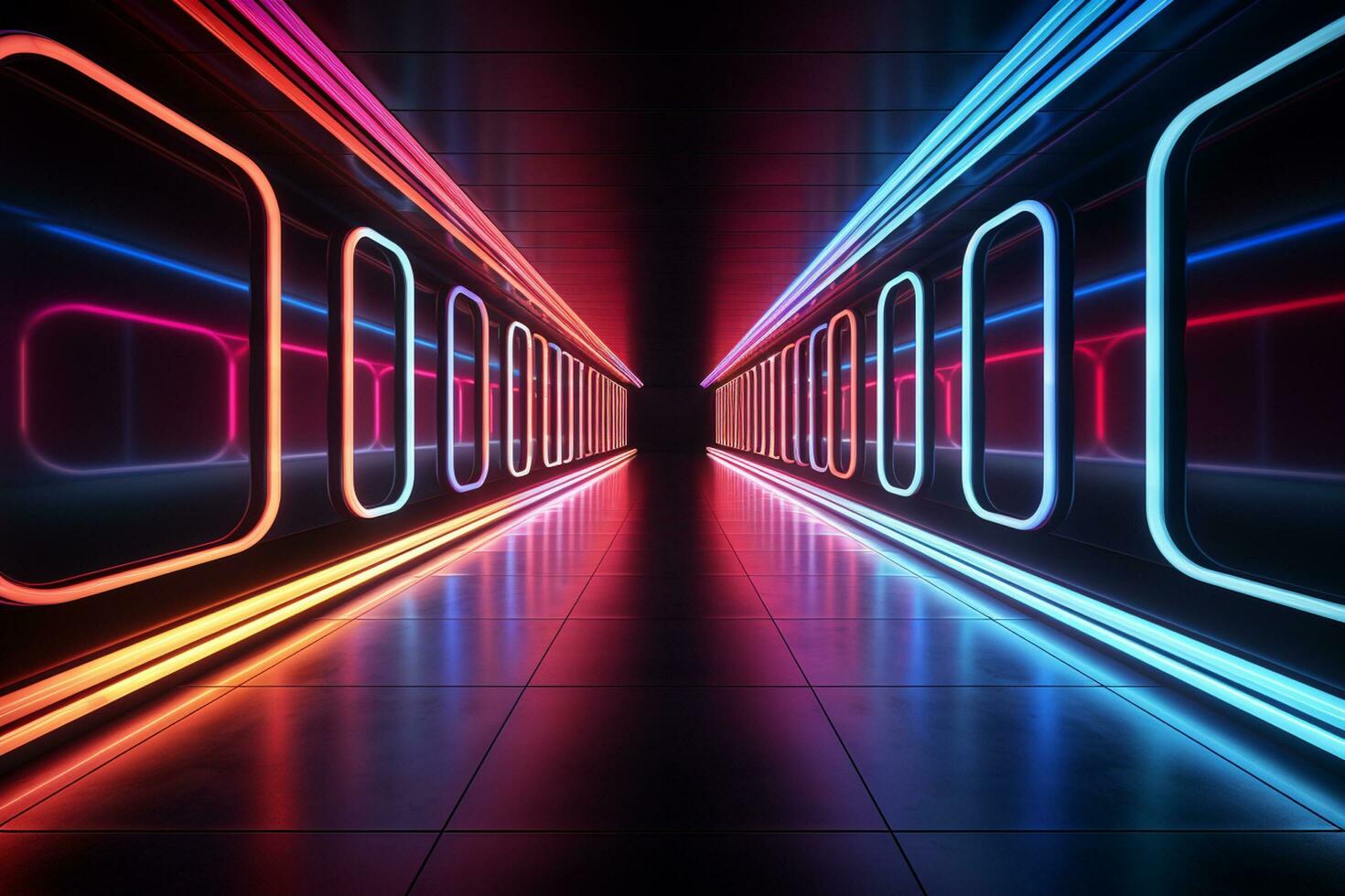 Futuristic corridor with neon lights and reflections. 3d rendering Ai Generated photo