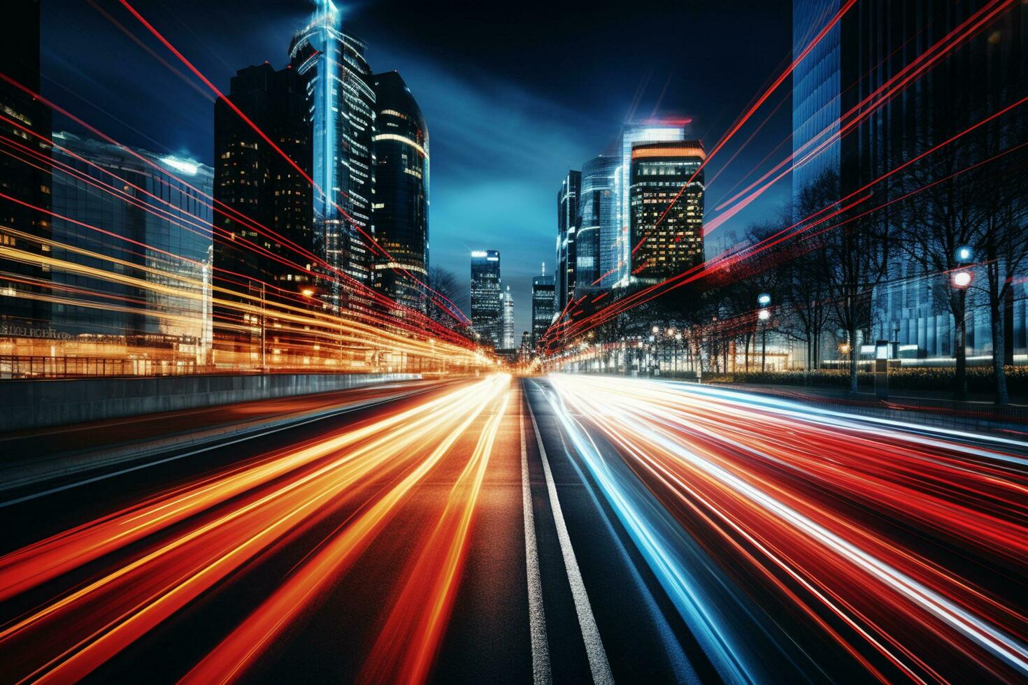 the light trails on the modern building background in shanghai china. Ai Generated photo