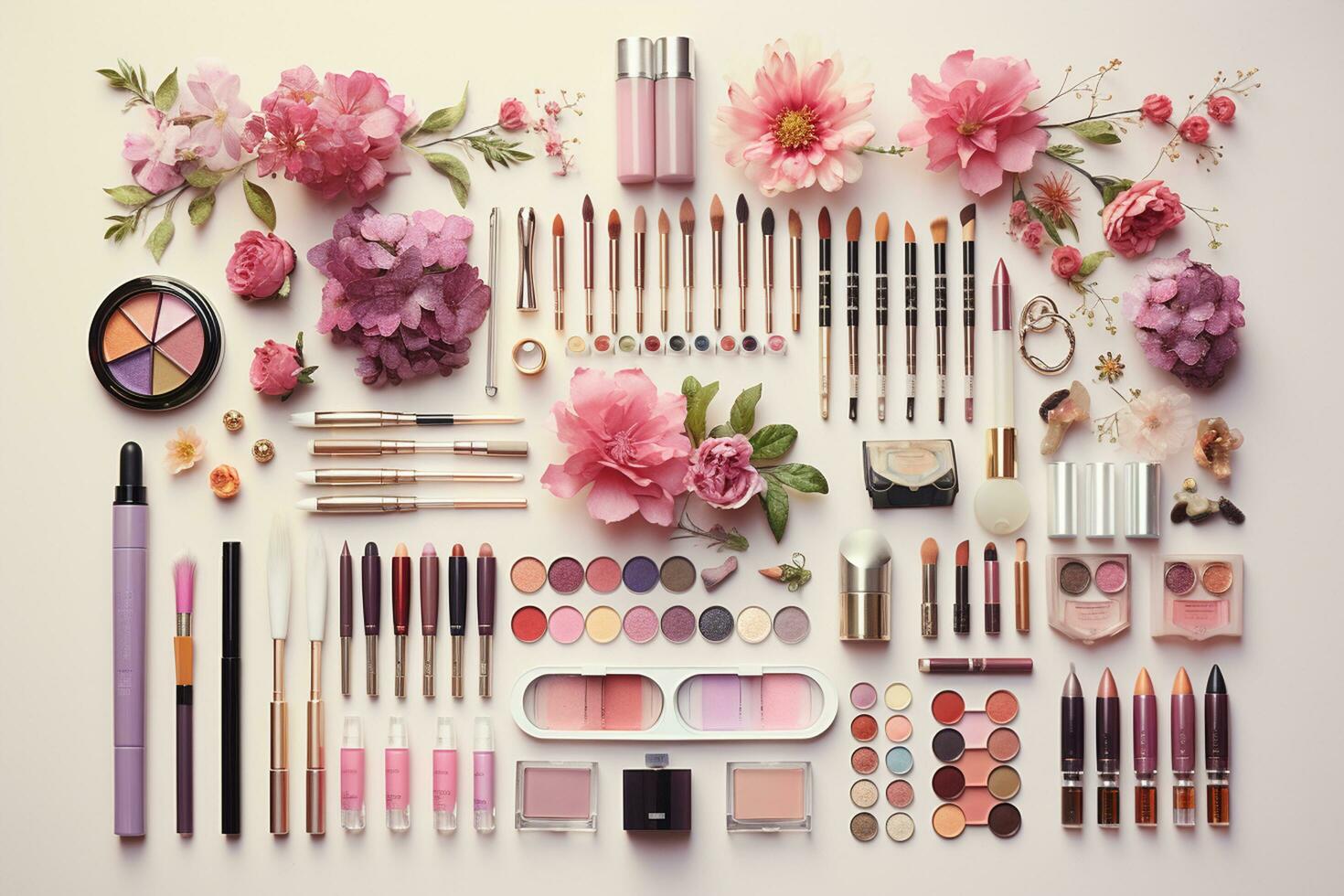collection of make up and cosmetic beauty products arranged on white background. Ai Generated photo
