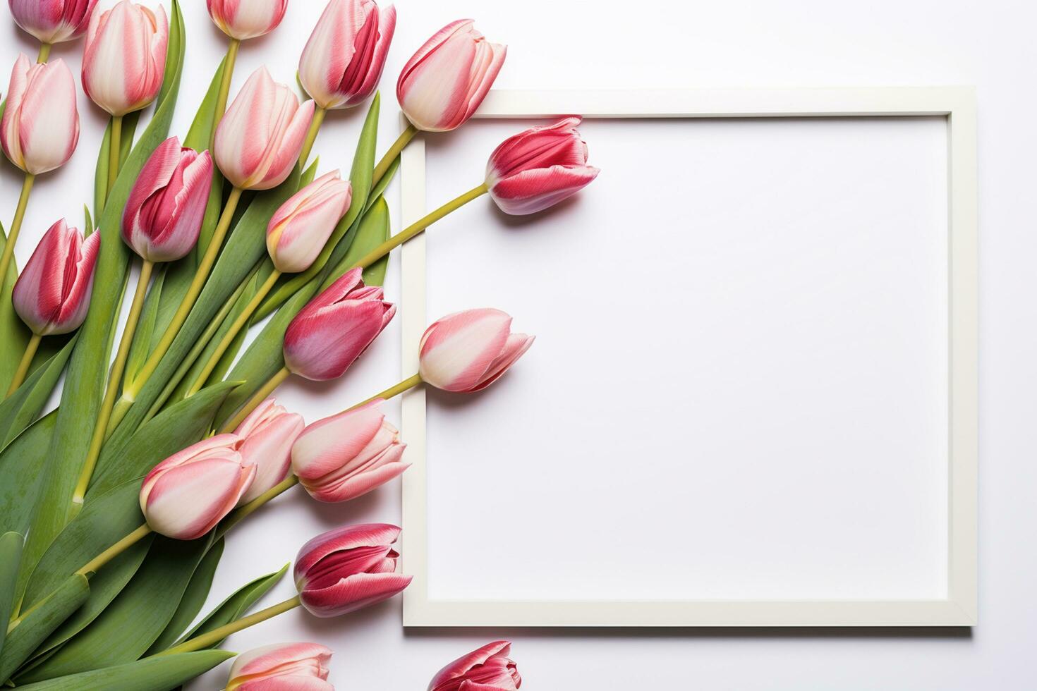 Pink tulips and blank photo frame on white wooden background. Top view with copy space Ai Generated
