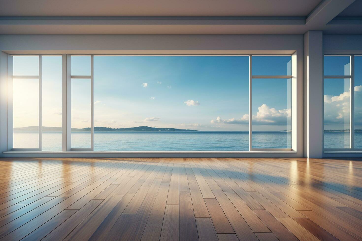 Empty white room with sea view. 3D Rendering mock up Ai Generated photo