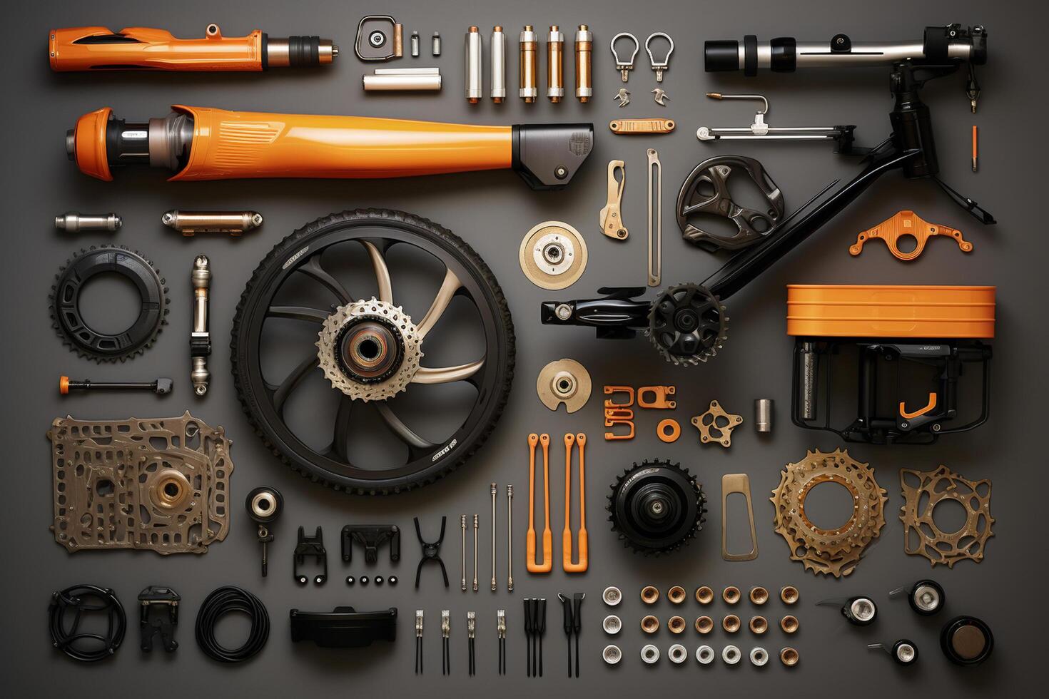 Bicycle parts and tools on green background. Top view. Flat lay. Ai Generated photo