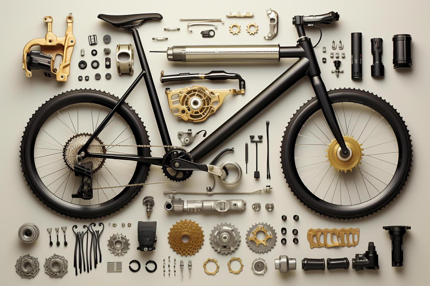 Bicycle parts and tools on green background. Top view. Flat lay. Ai Generated photo