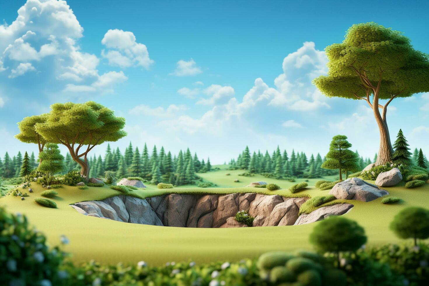 fantasía paisaje con arboles y rocas 3d hacer ilustración. ai generado foto