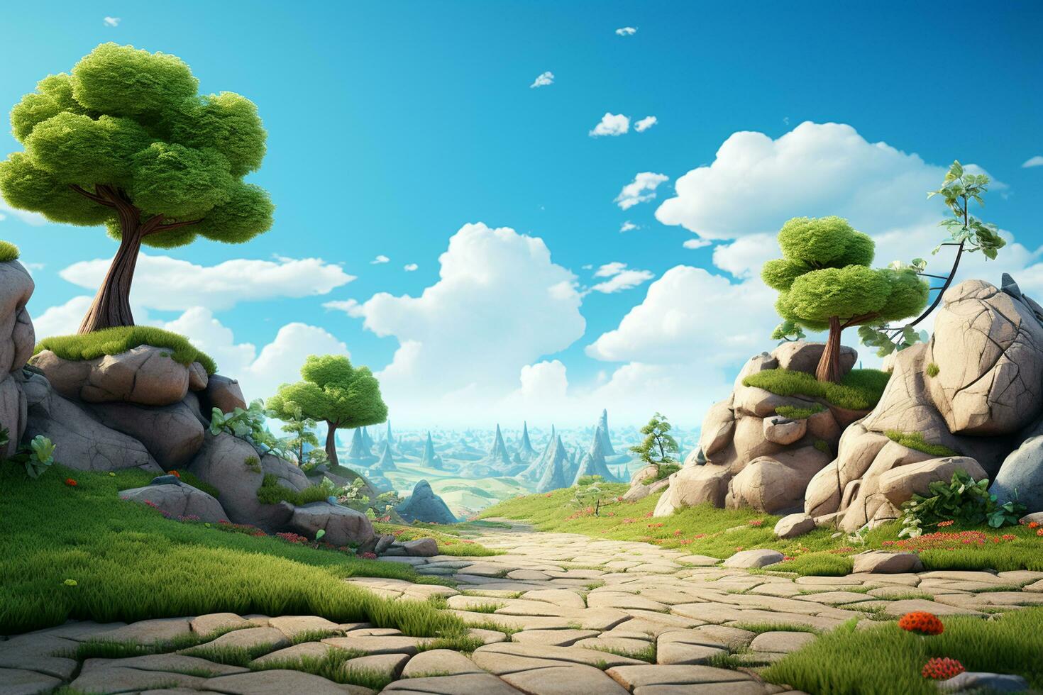 fantasía paisaje con arboles y rocas 3d hacer ilustración. ai generado foto