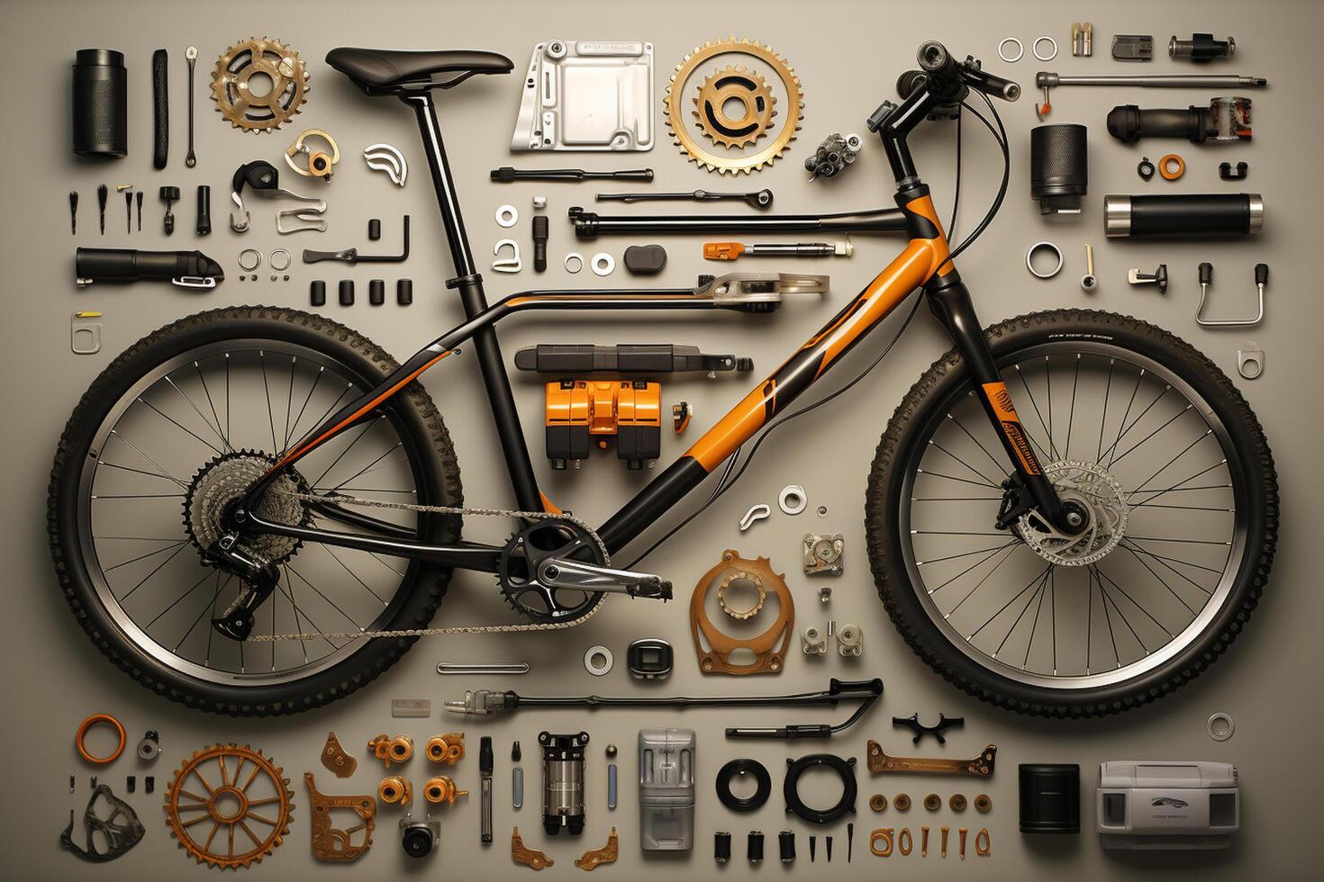 Bicycle parts and tools on green background. Top view. Flat lay. Ai Generated photo