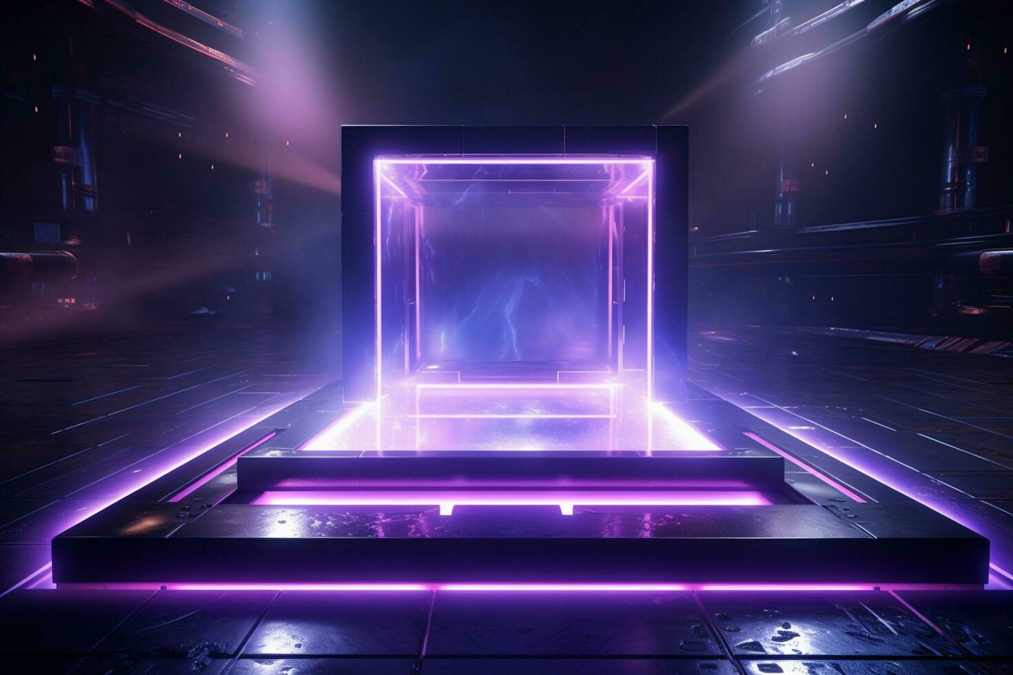 3d rendering of an empty stage with neon lights on it. Ai Generated photo