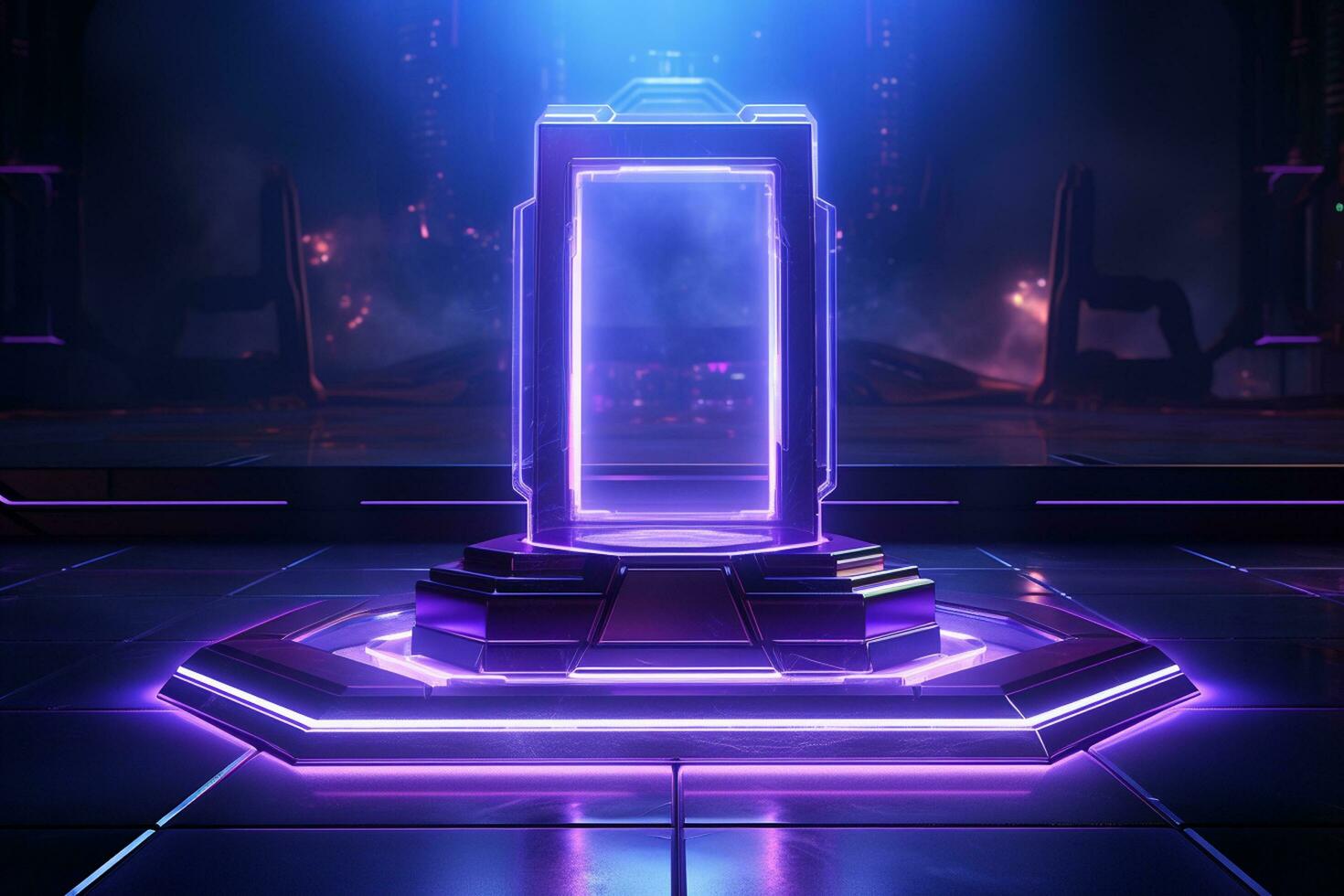 3d rendering of an empty stage with neon lights on it. Ai Generated photo