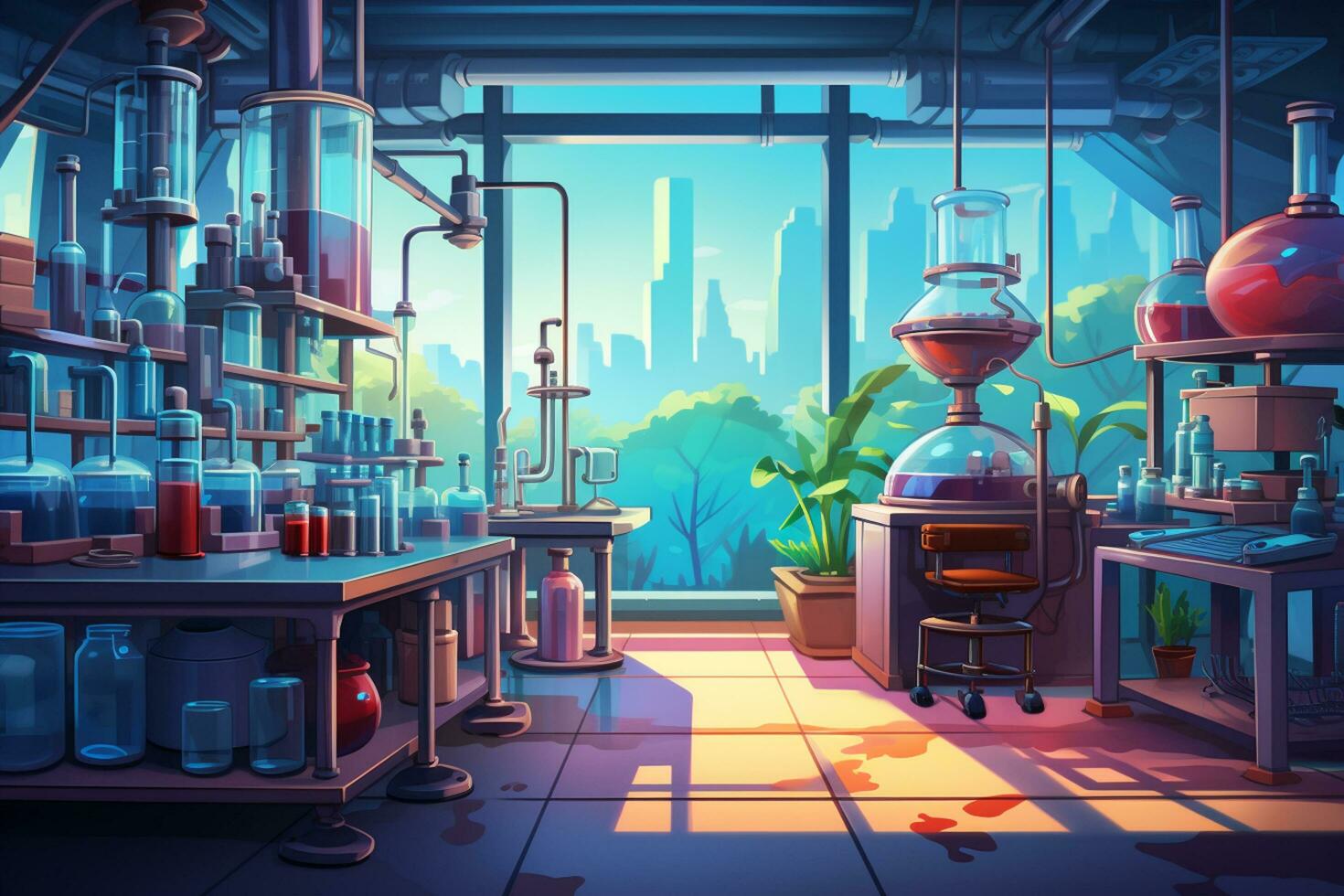 Chemical laboratory with glassware. 3D render. Conceptual illustration. Ai Generated photo