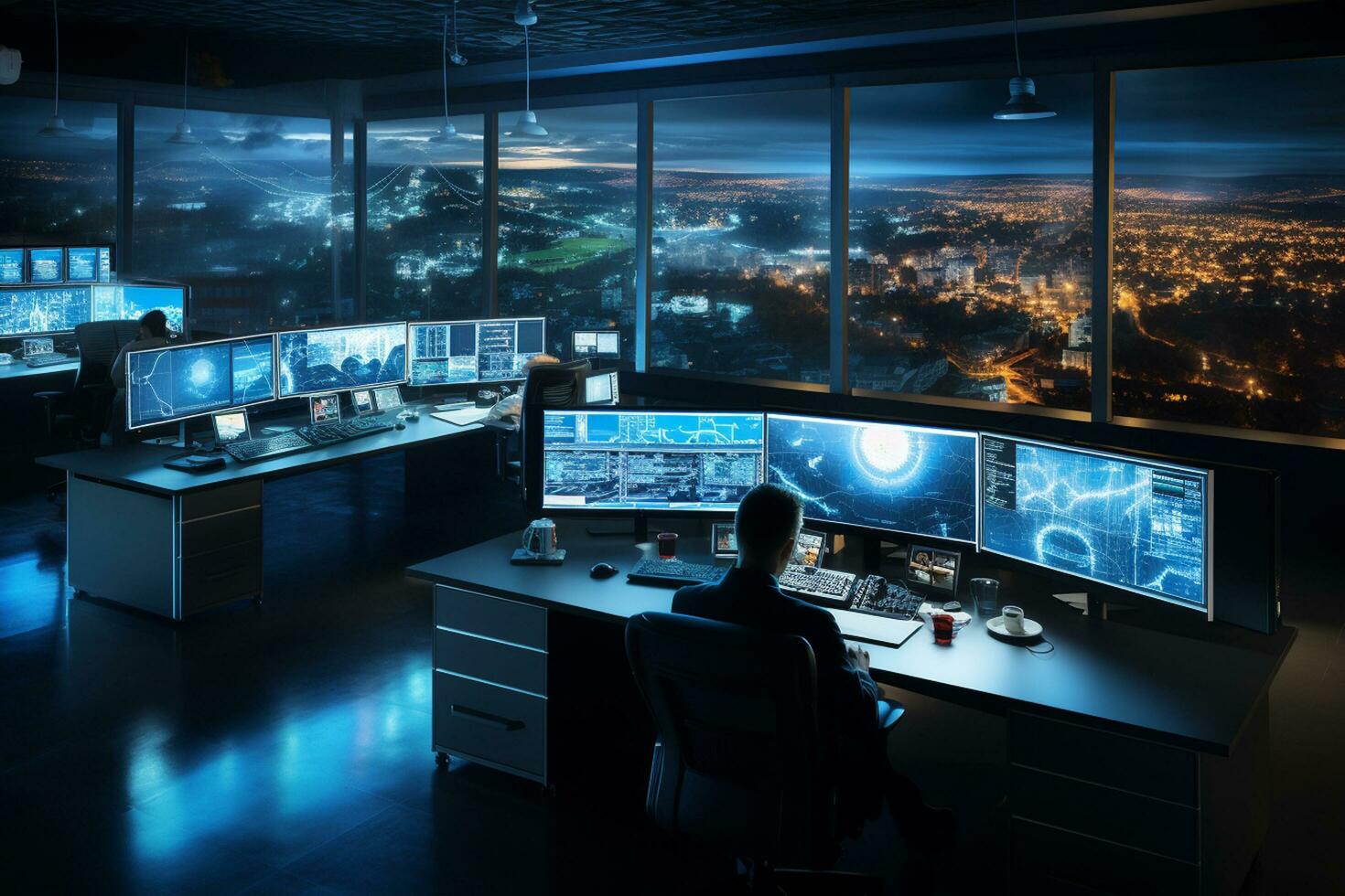 Side view of young businessman working on computer in dark office at night. Business and technology concept. Ai Generated photo