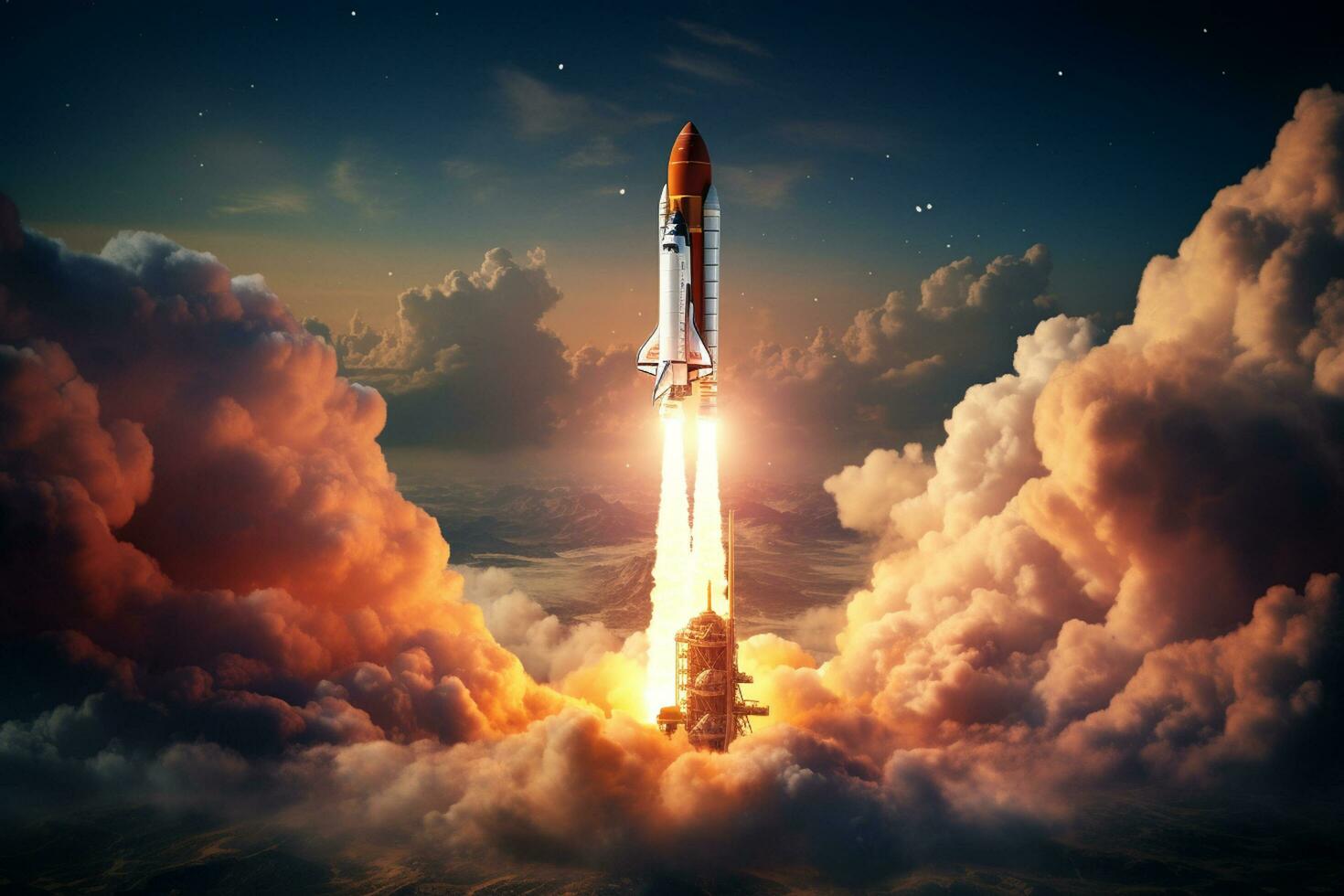 Rocket in the sky. Mixed media. Mixed media. Mixed media Ai Generated photo