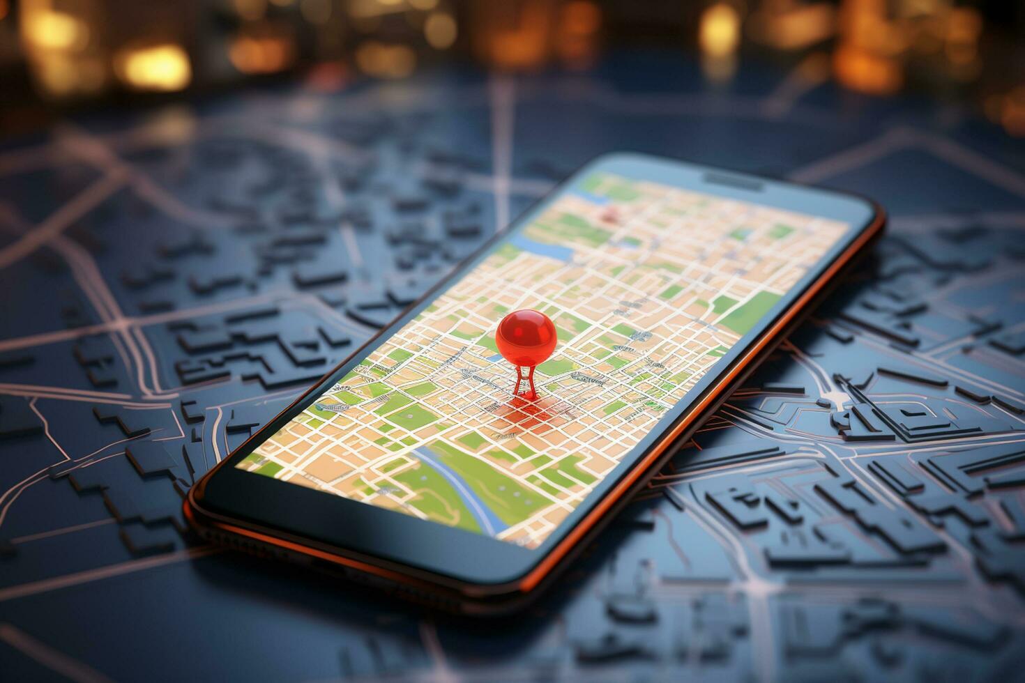 Smartphone with city map on the background of the night city. Ai Generated photo