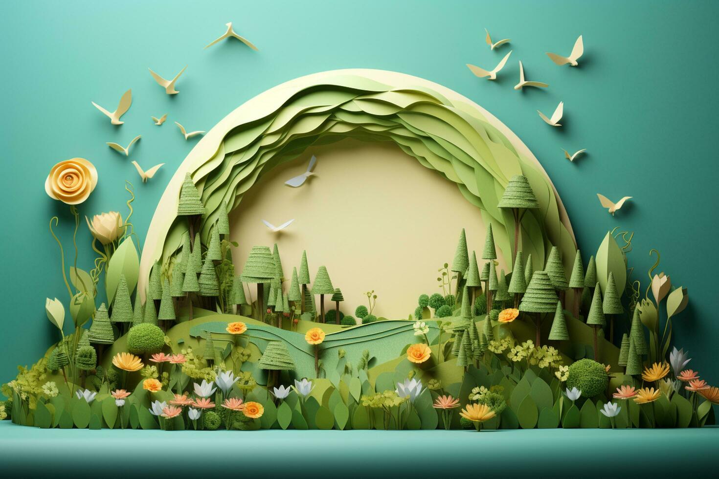 Paper art of green nature landscape with sun, flowers and birds. Ai Generated photo