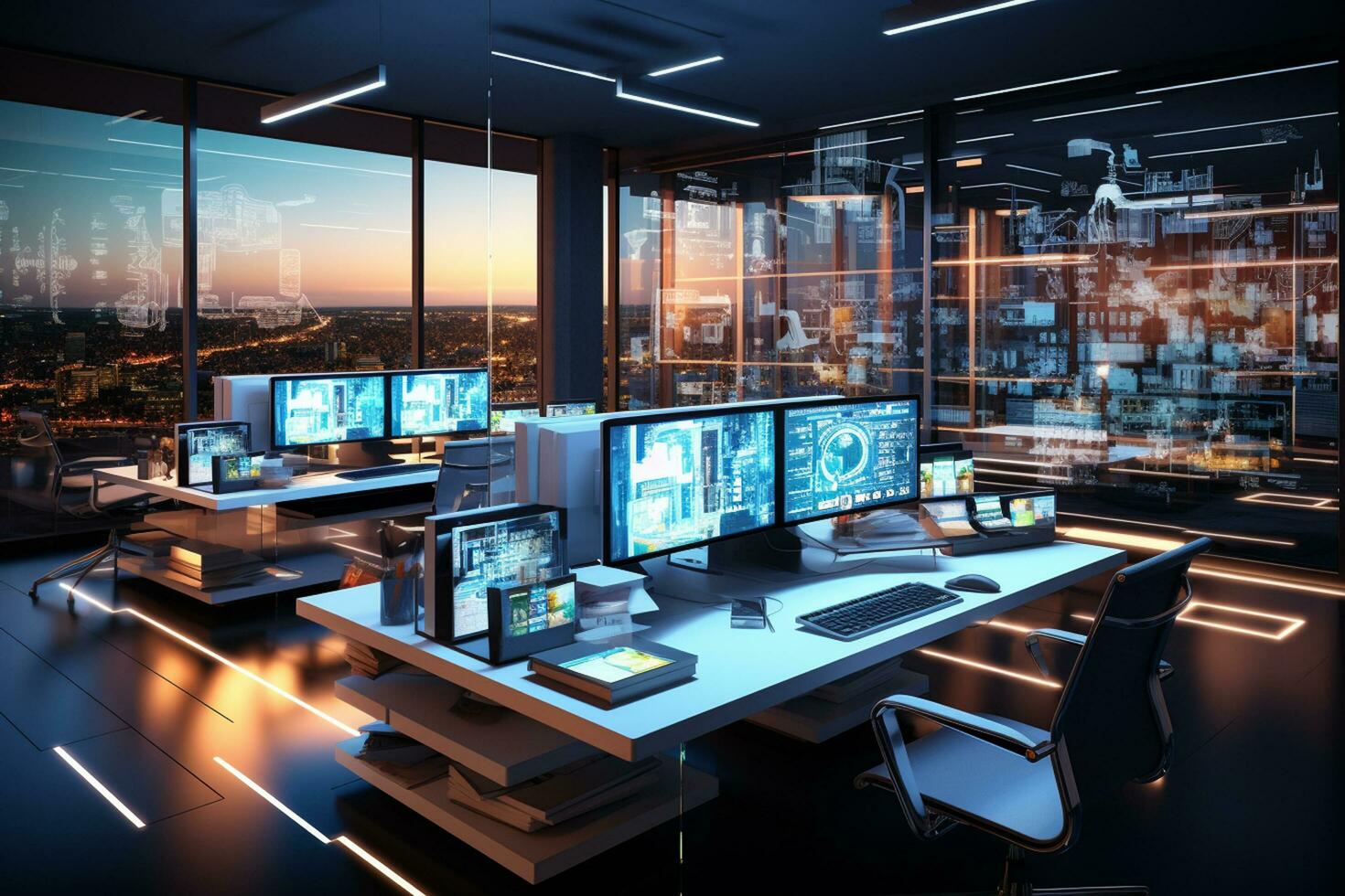 Modern computer monitors with abstract images of the city at night. 3D Rendering Ai Generated photo