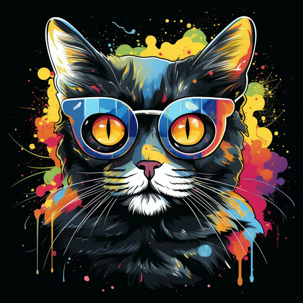 Cute cat with sunglasses and colorful Portrait. Vector illustration. Ai Generated photo