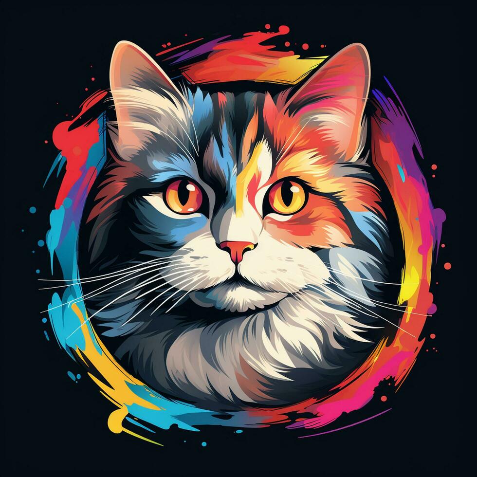 gato cabeza con vistoso salpicaduras en negro antecedentes. vector ilustración. ai generado foto