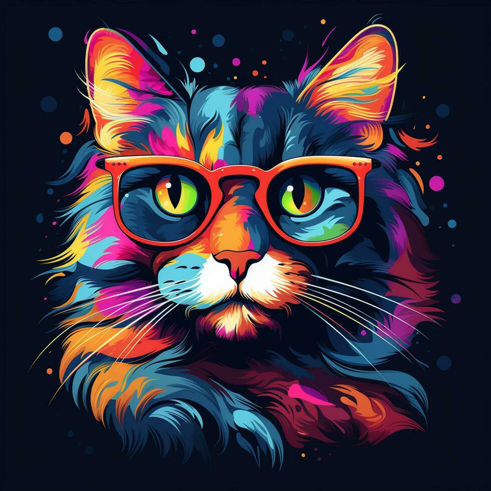 Cute cat with sunglasses and colorful Portrait. Vector illustration. Ai Generated photo
