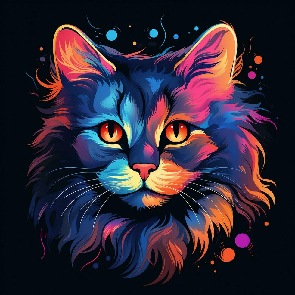 gato cabeza con vistoso salpicaduras en negro antecedentes. vector ilustración. ai generado foto