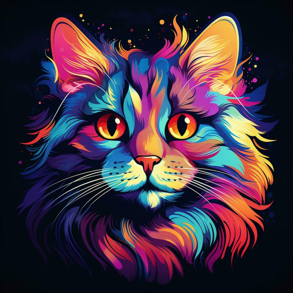 gato cabeza con vistoso salpicaduras en negro antecedentes. vector ilustración. ai generado foto