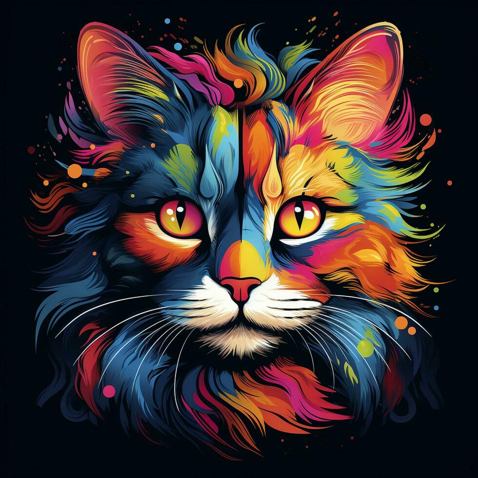 Cat head with colorful splashes on black background. Vector illustration. Ai Generated photo