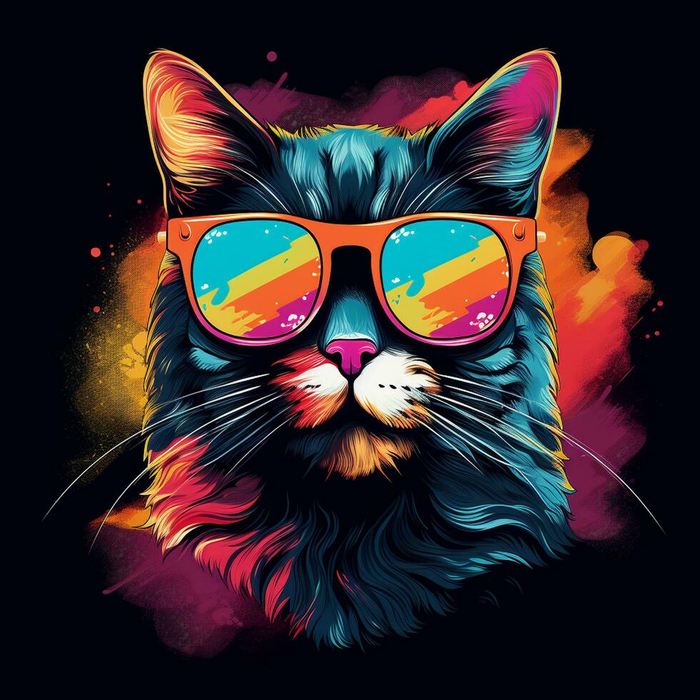 Cute cat with sunglasses and colorful Portrait. Vector illustration. Ai Generated photo