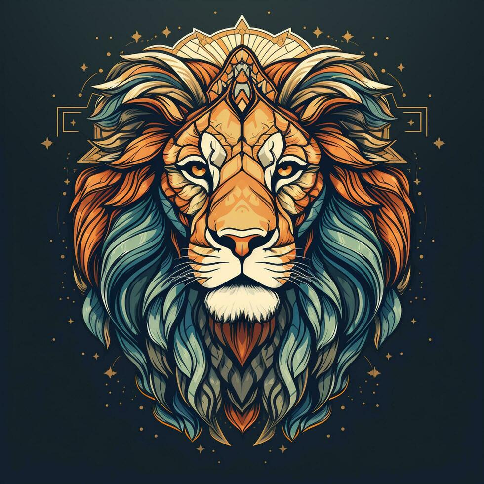 Lion head with grunge effect and sun background. Vector illustration. photo