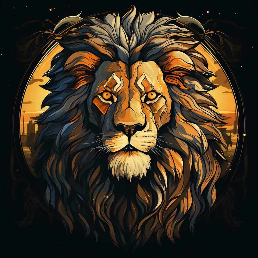 Lion head with grunge effect and sun background. Vector illustration. photo