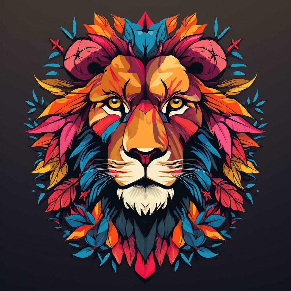 Lion head with grunge effect and sun background. Vector illustration. photo