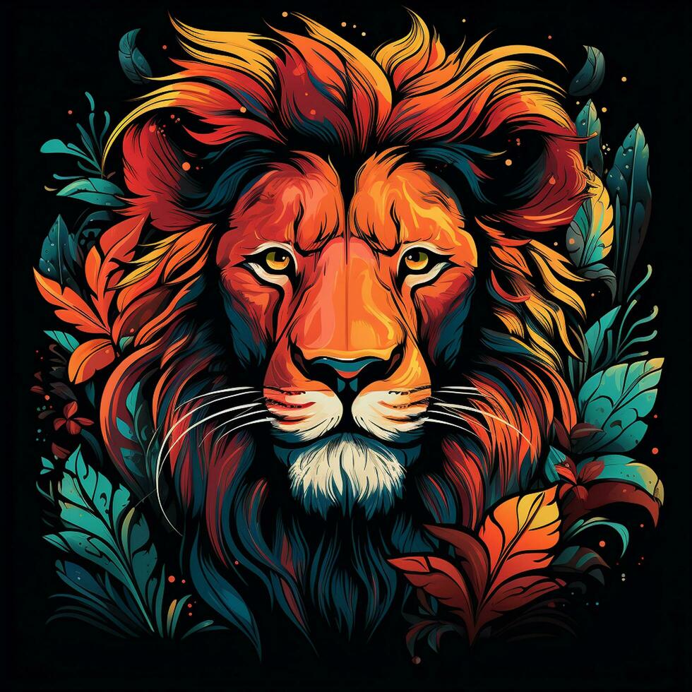 Lion head with grunge effect and sun background. Vector illustration. photo