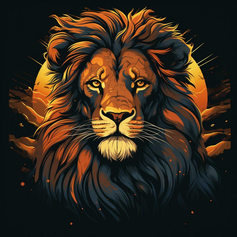 Lion head with grunge effect and sun background. Vector illustration. photo