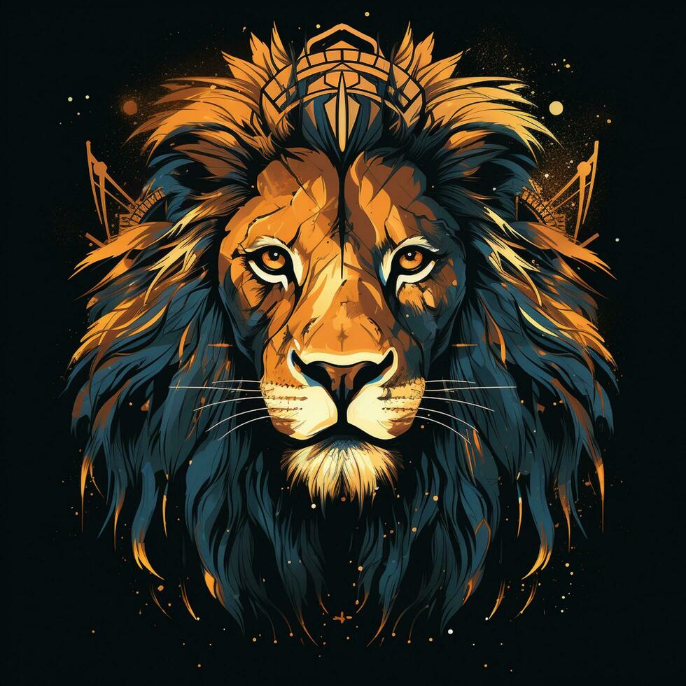 Lion head with grunge effect and sun background. Vector illustration. photo